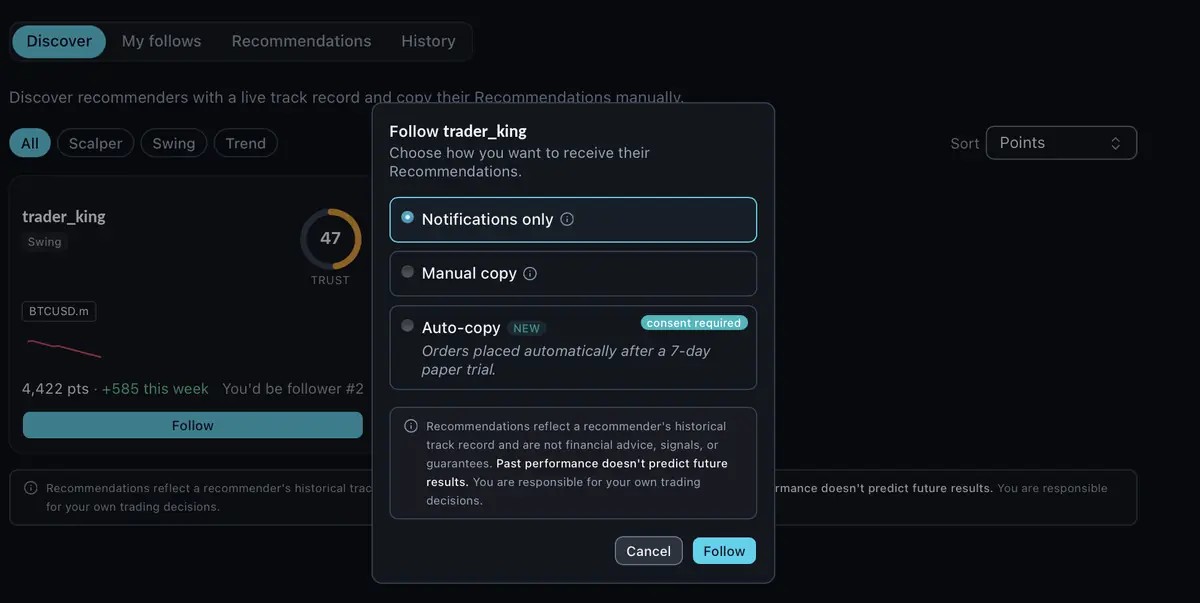 Follow dialog with notification, manual copy and auto-copy