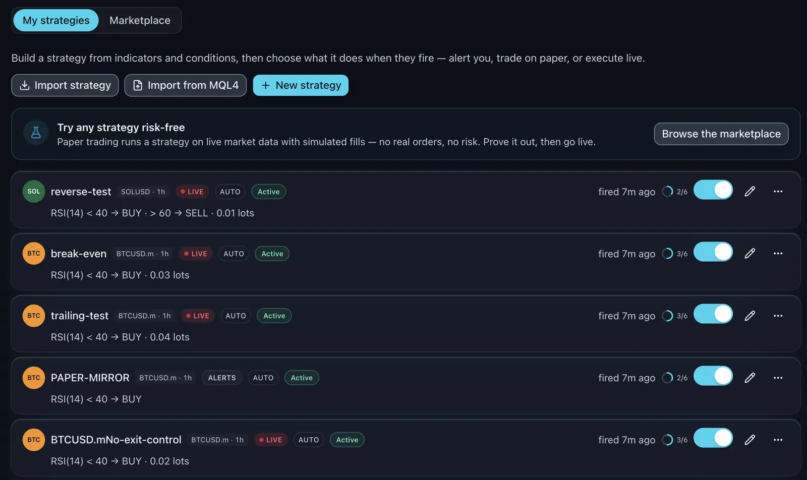 Trading Lab: strategy list with live, alert and paper-trading strategies